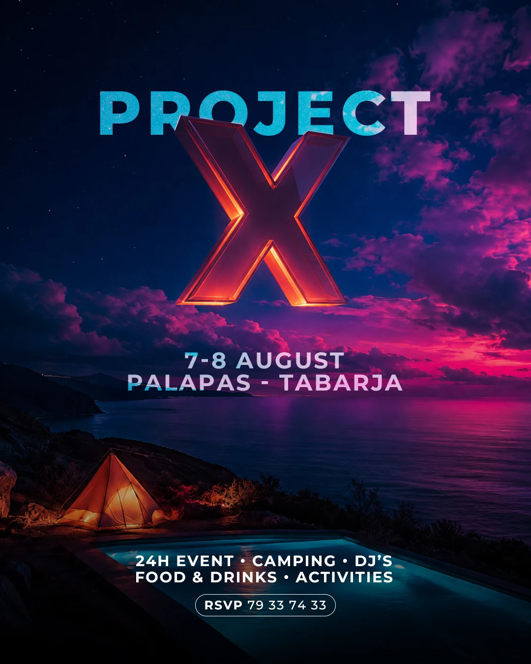 Project X sixth edition poster: neon X over a sunset coastline, 7-8 August at Palapas, Tabarja