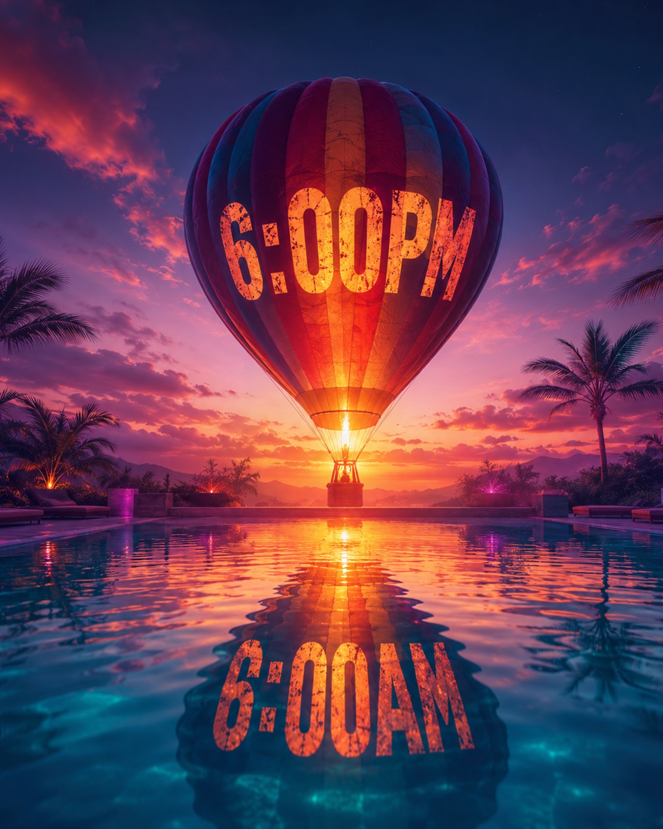 Sixth edition poster: a hot-air balloon over a pool at sunset, 6:00 PM mirrored in the water as 6:00 AM